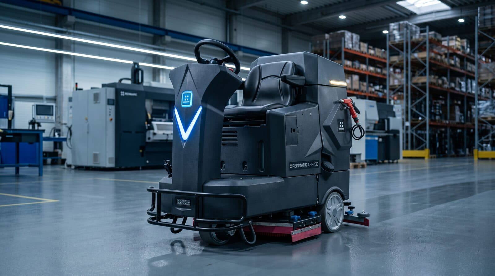 Reinmatic ARM 130 ride-on battery floor scrubber-dryer in an industrial production hall between CNC machines and pallet racking