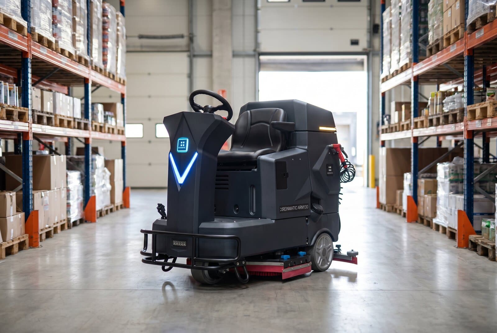 ARM 130 ride-on scrubber-dryer working on a warehouse floor