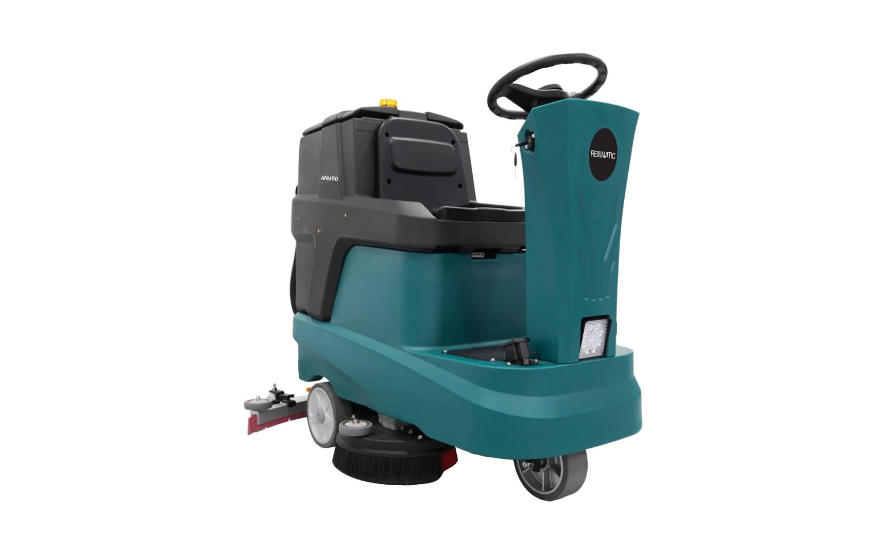 Reinmatic ARM 80 ride-on scrubber-dryer — white-background studio view showing the seat, steering wheel, and teal body with the ARM80 badge