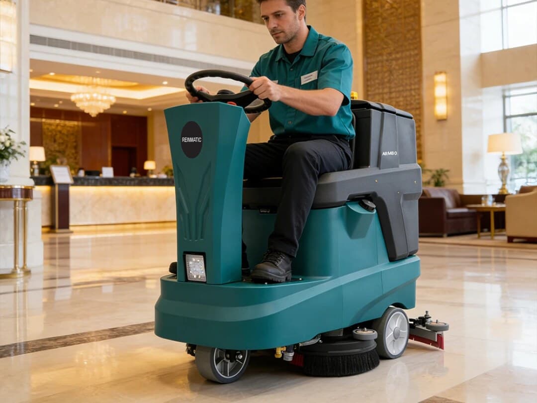 A Reinmatic ARM 80 ride-on scrubber-dryer cleaning the polished floor of a hotel lobby