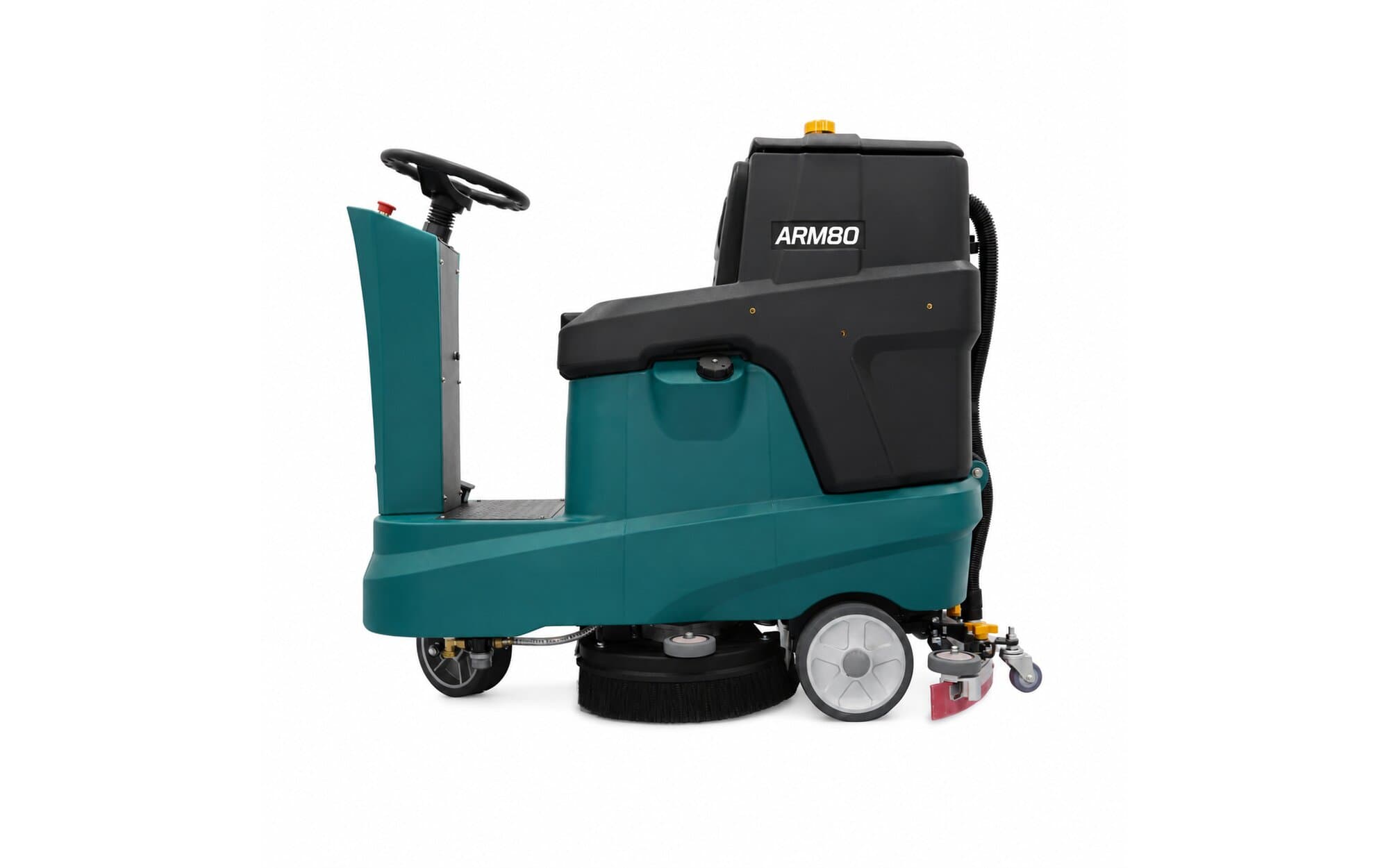 Full side profile of a Reinmatic ARM 80 ride-on scrubber-dryer with the ARM80 lettering on the recovery tank, brush deck and rear squeegee visible