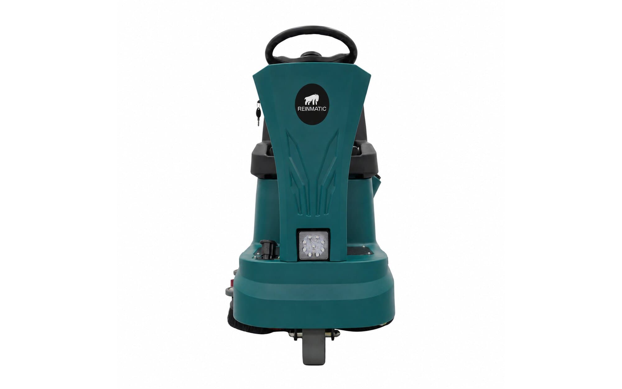 Front studio view of a Reinmatic ARM 80 ride-on scrubber-dryer — steering console with the REINMATIC bear badge and the square LED headlight