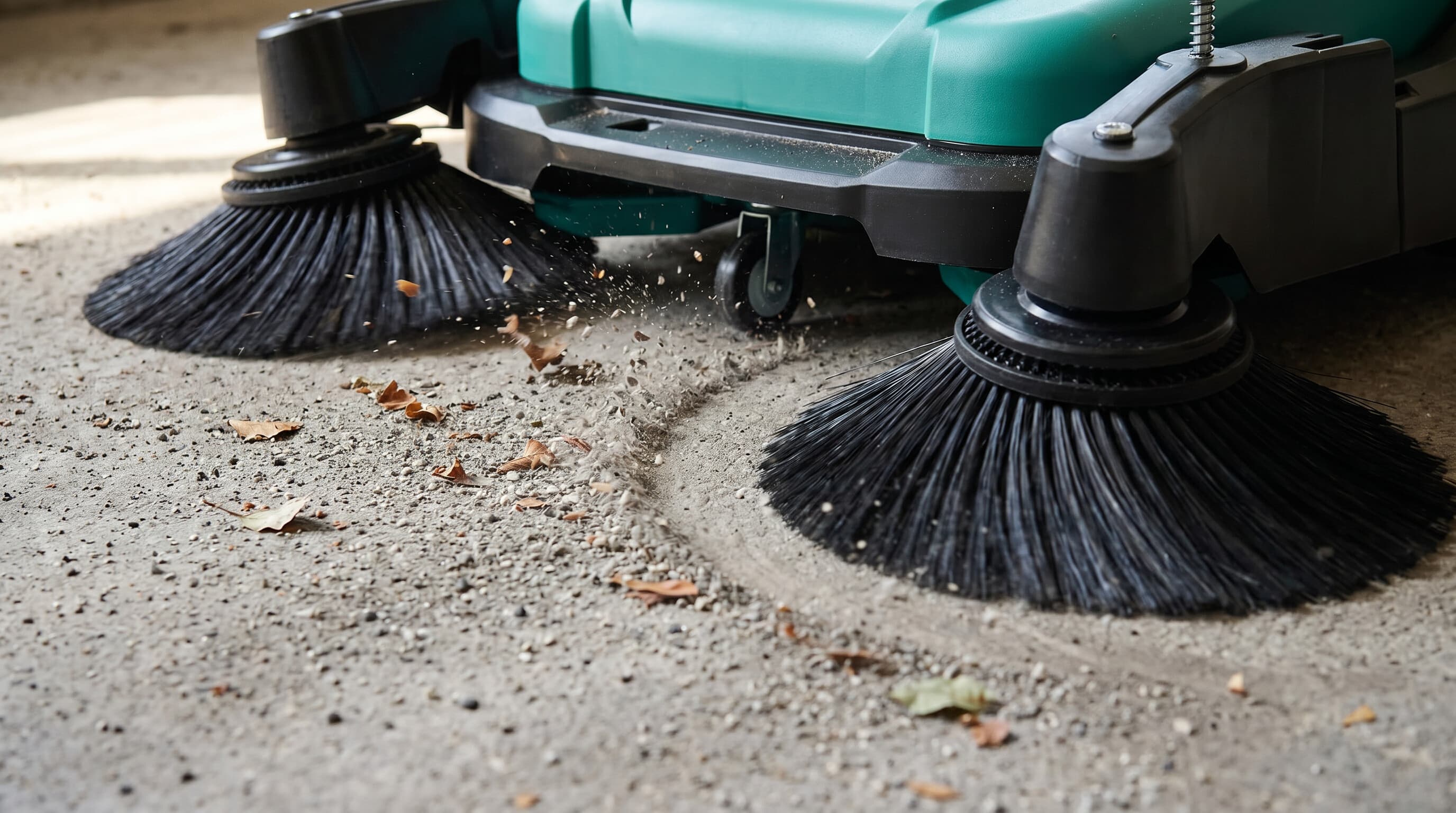 Low-angle close-up of the two angled side brushes on the Reinmatic KRM 80 pulling fine debris across a concrete floor