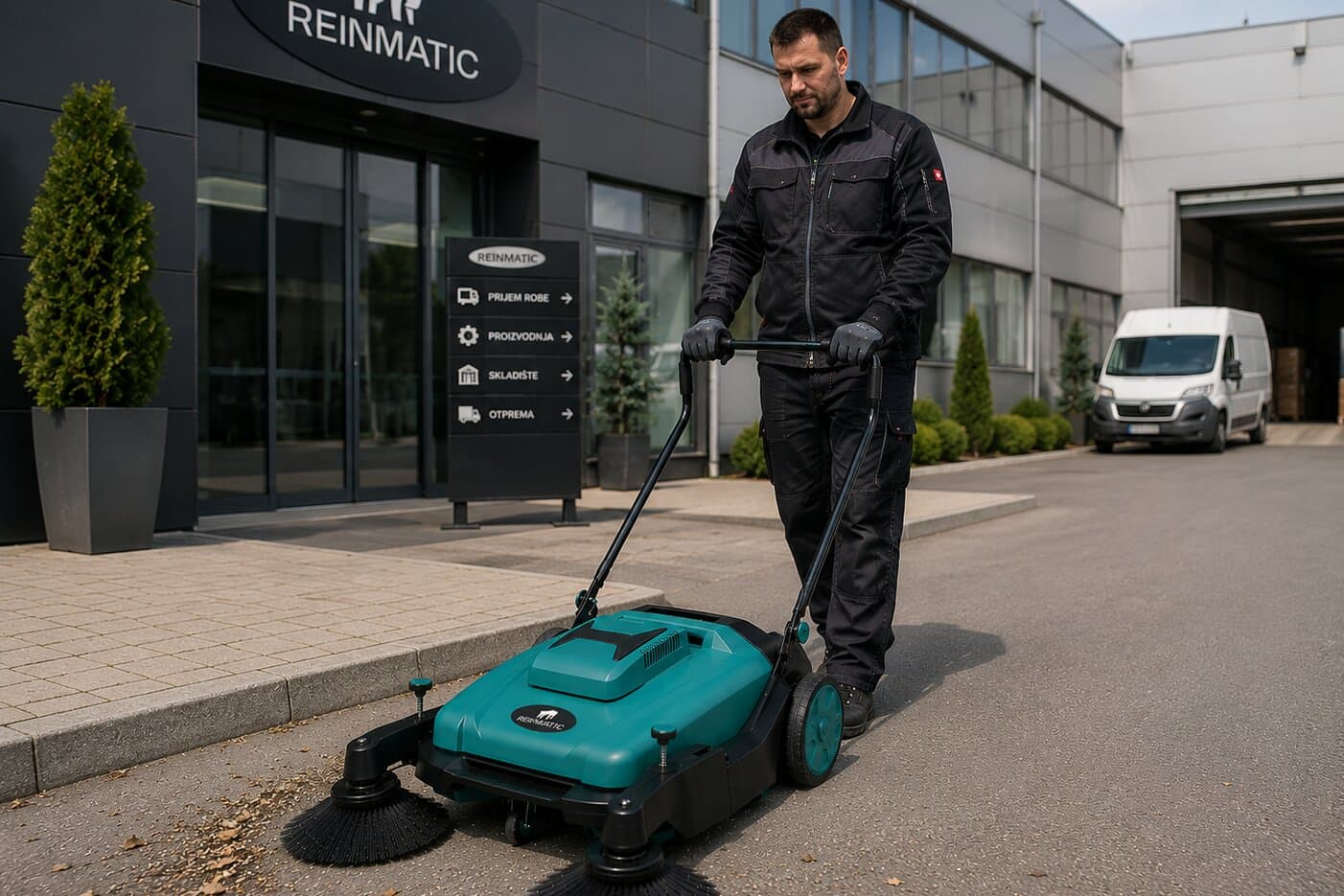 Operator pushing the Reinmatic KRM 80 manual sweeper across the paved yard in front of a REINMATIC-branded facility, side brushes gathering leaves into the 80 L hopper