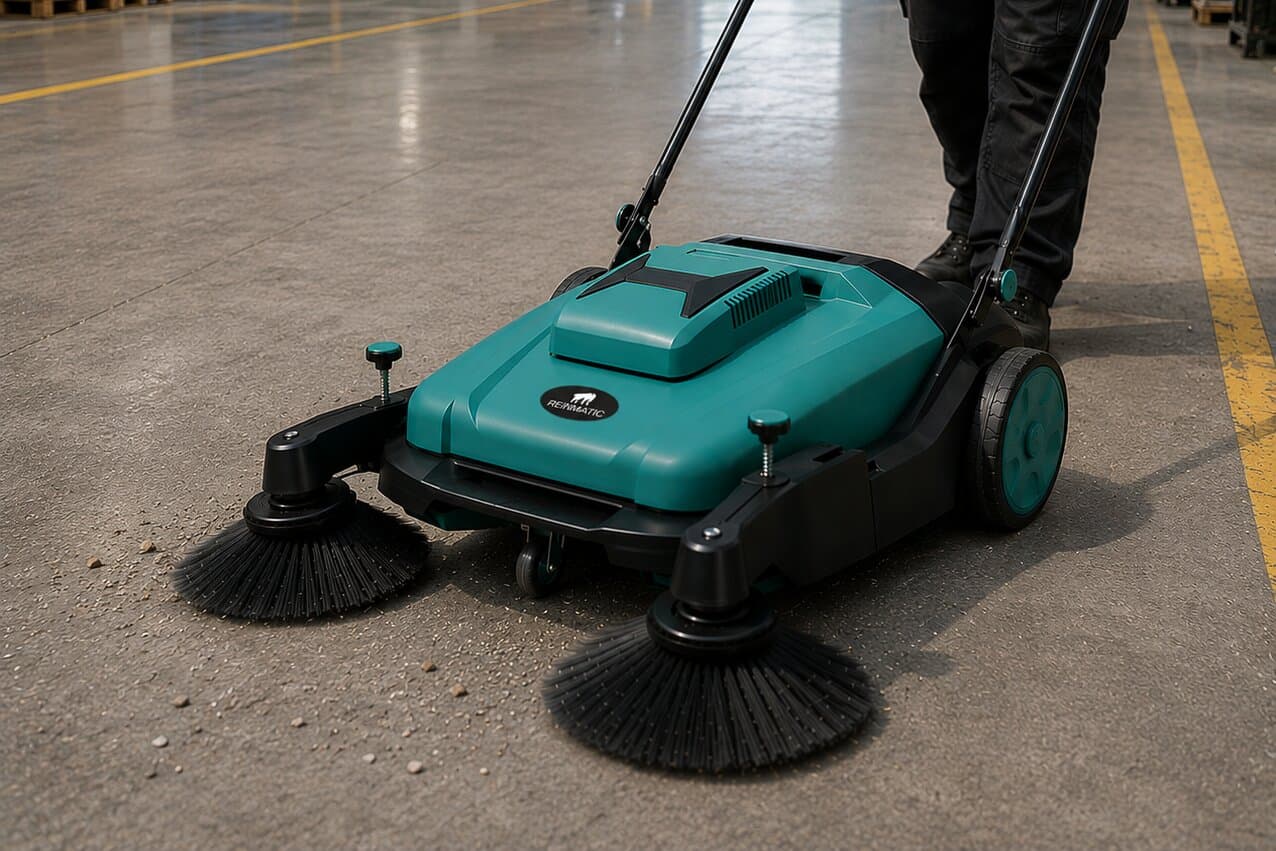Reinmatic KRM 80 manual sweeper at work on a warehouse floor — two angled side brushes sweeping debris across the 1.2 m working path