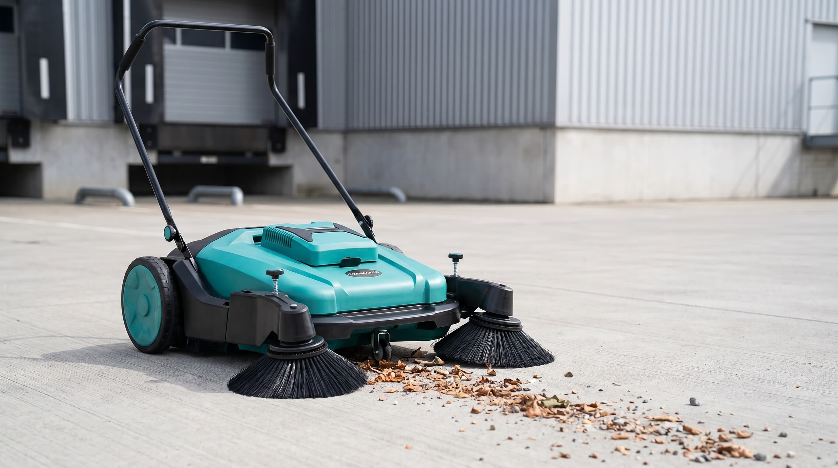 Reinmatic KRM 80 manual sweeper on an outdoor paved plaza — no battery, no fuel