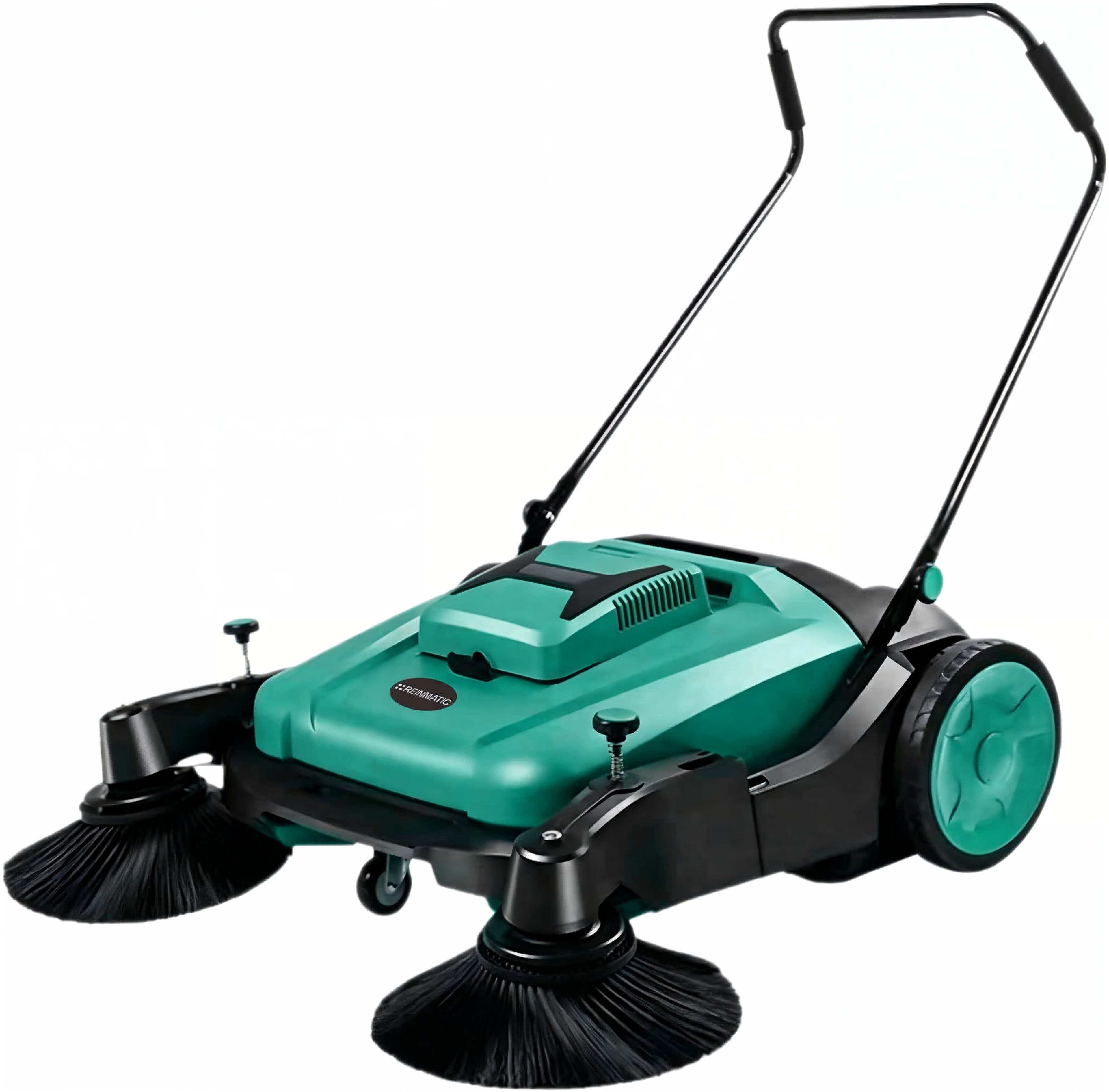 Studio view of the Reinmatic KRM 80 manual sweeper — Signal-mint hopper cover, two angled black side brushes, drive wheels, and a folding push handle