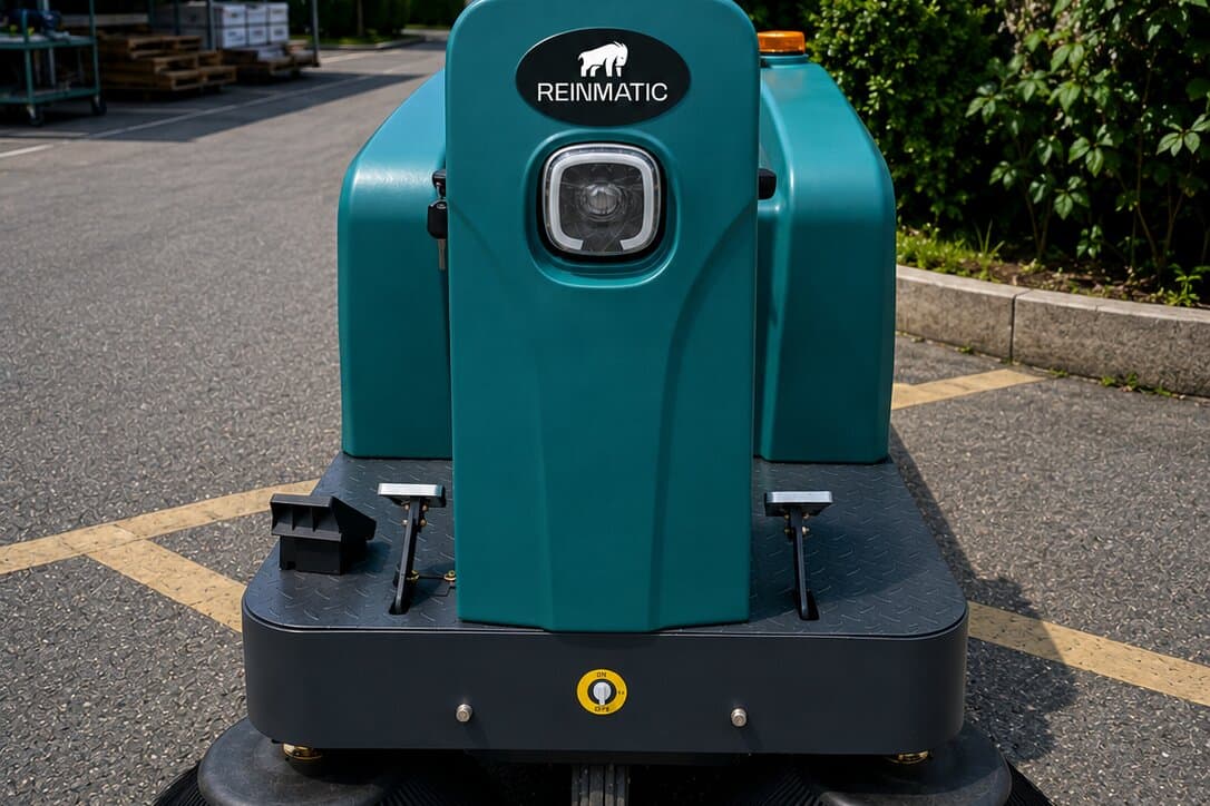 Front view of the Reinmatic KRM 90 with the REINMATIC badge on the steering column, twin side brushes spanning the 1.28 m working width