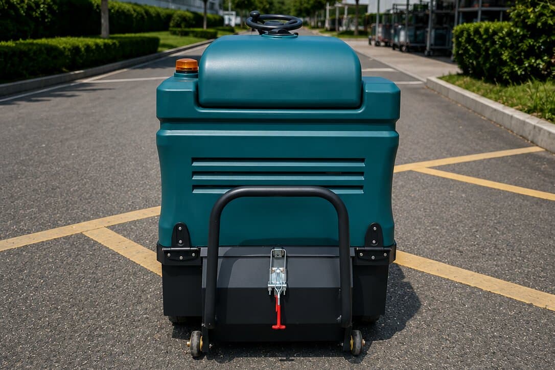 Rear view of the Reinmatic KRM 90 showing the 90 L waste hopper with its release latch and protective bar