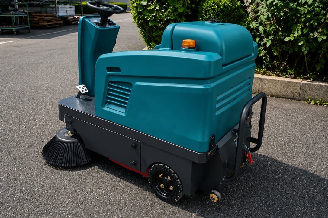 Rear three-quarter view of the Reinmatic KRM 90 crossing an asphalt yard, side brush and drive wheels visible