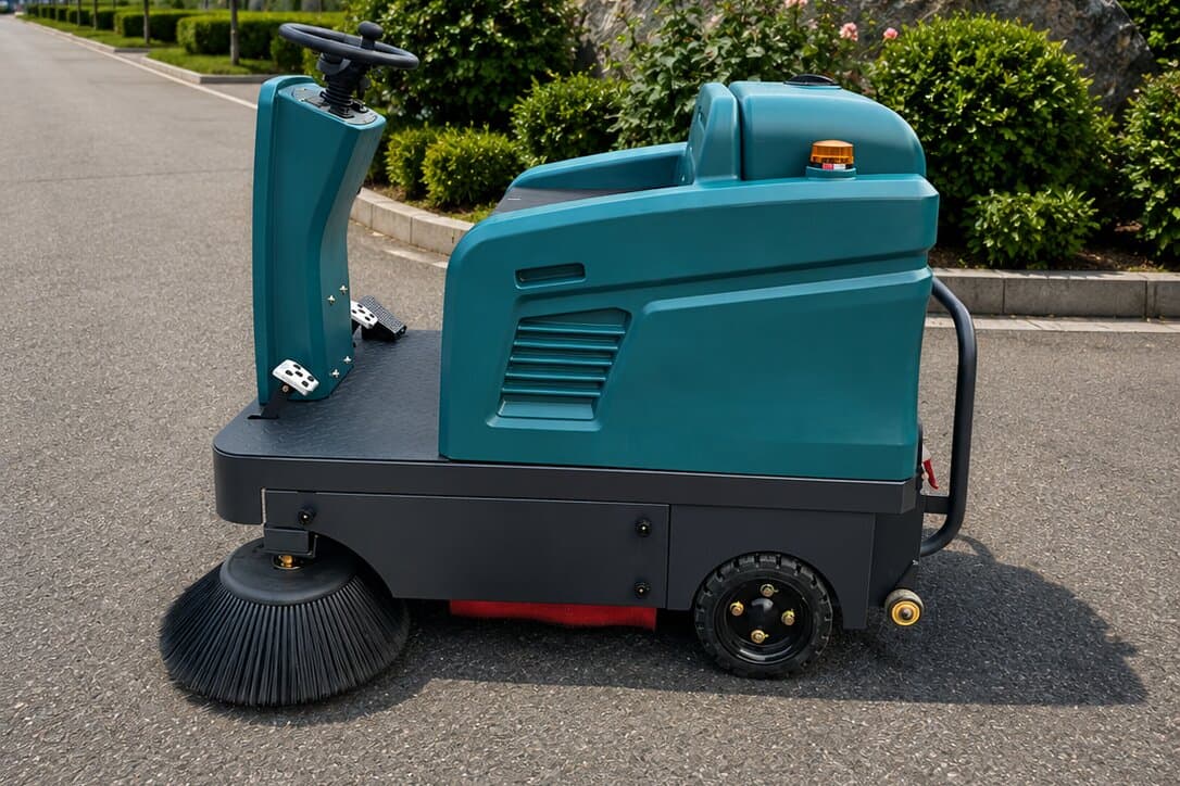Side profile of the teal Reinmatic KRM 90 ride-on sweeper on an outdoor asphalt surface, side brush and drive wheel visible