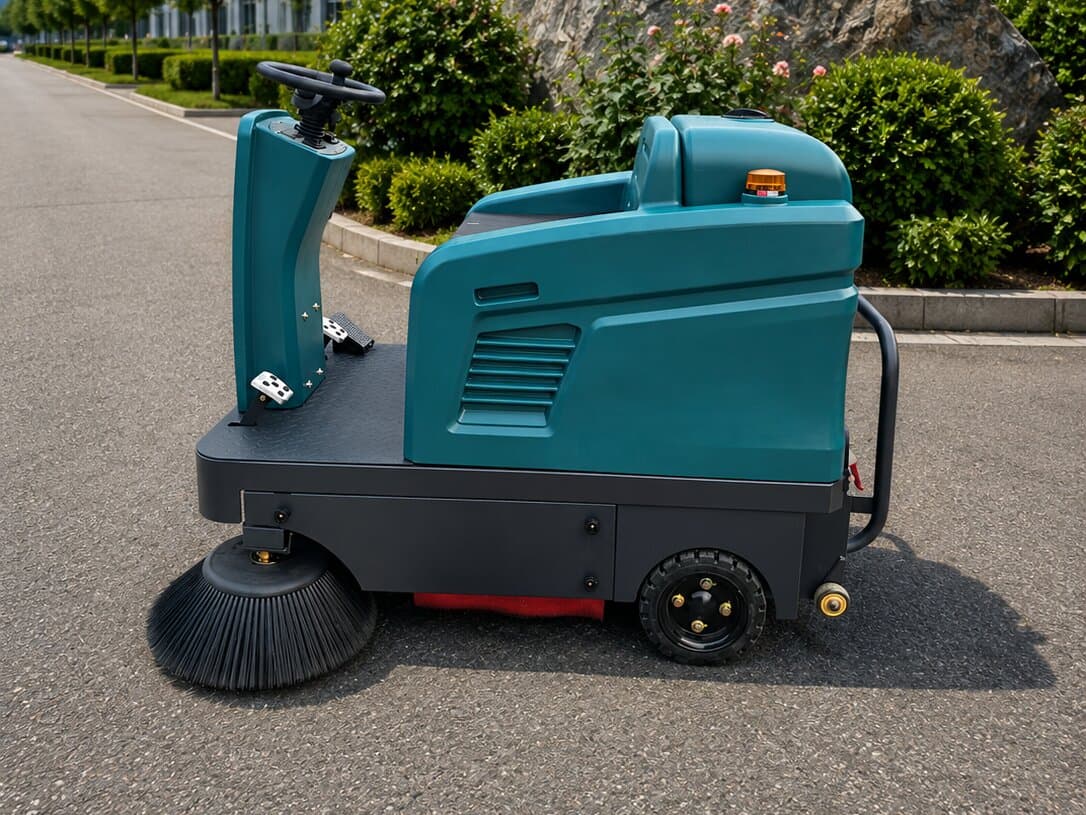 Side profile of the teal Reinmatic KRM 90 ride-on sweeper on asphalt, side brush, operator seat, and rear drive wheel visible