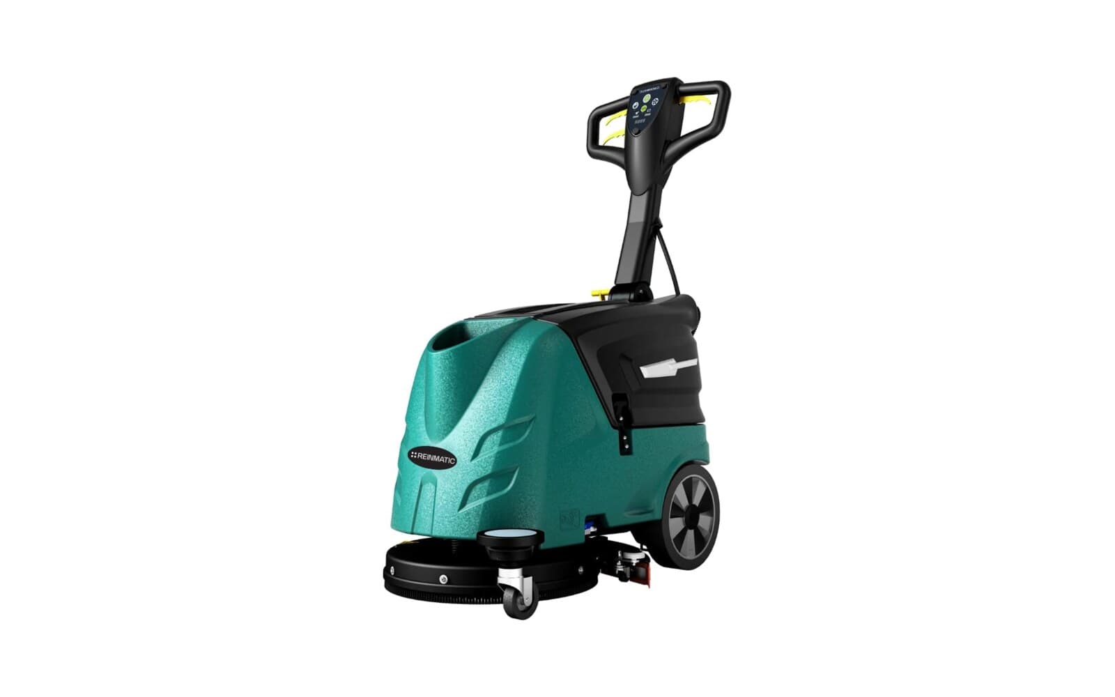 Reinmatic RM 27 mid-size teal walk-behind floor scrubber-dryer with yellow control grips — three-quarter studio view on a white background