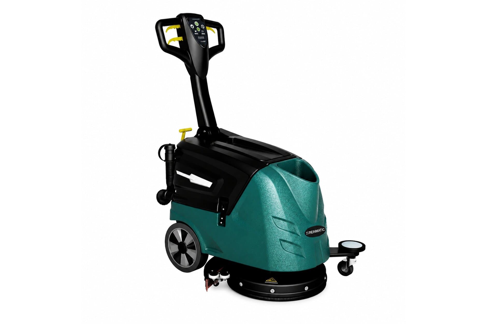 Reinmatic RM 27 teal walk-behind floor scrubber-dryer — three-quarter rear studio view showing the REINMATIC badge, drain hose, and control panel with yellow levers on a white background
