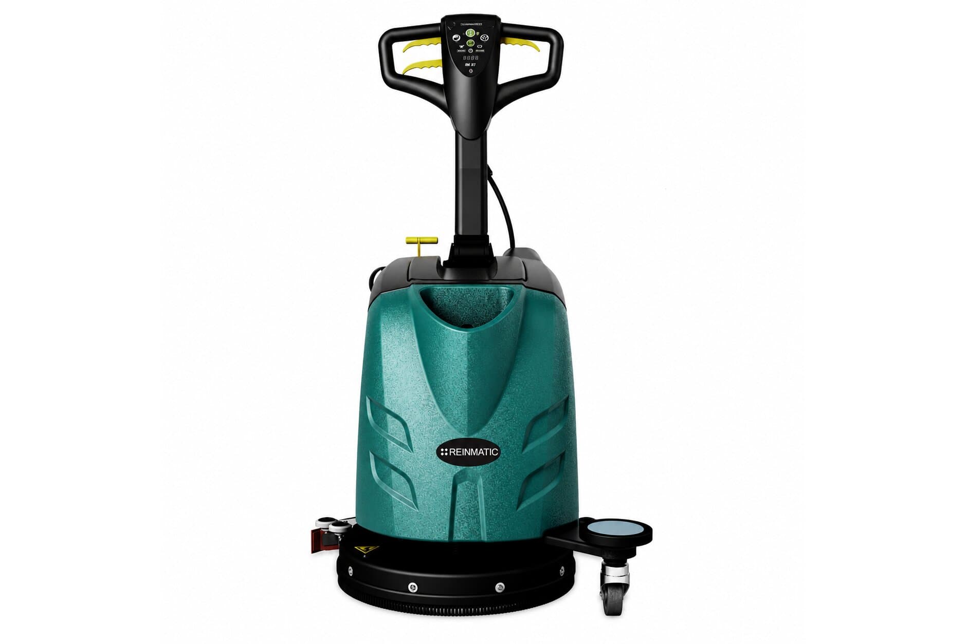 Reinmatic RM 27 teal walk-behind floor scrubber-dryer from the operator's rear view — tank housing with the REINMATIC badge, control panel with yellow levers, and red squeegee on a white background