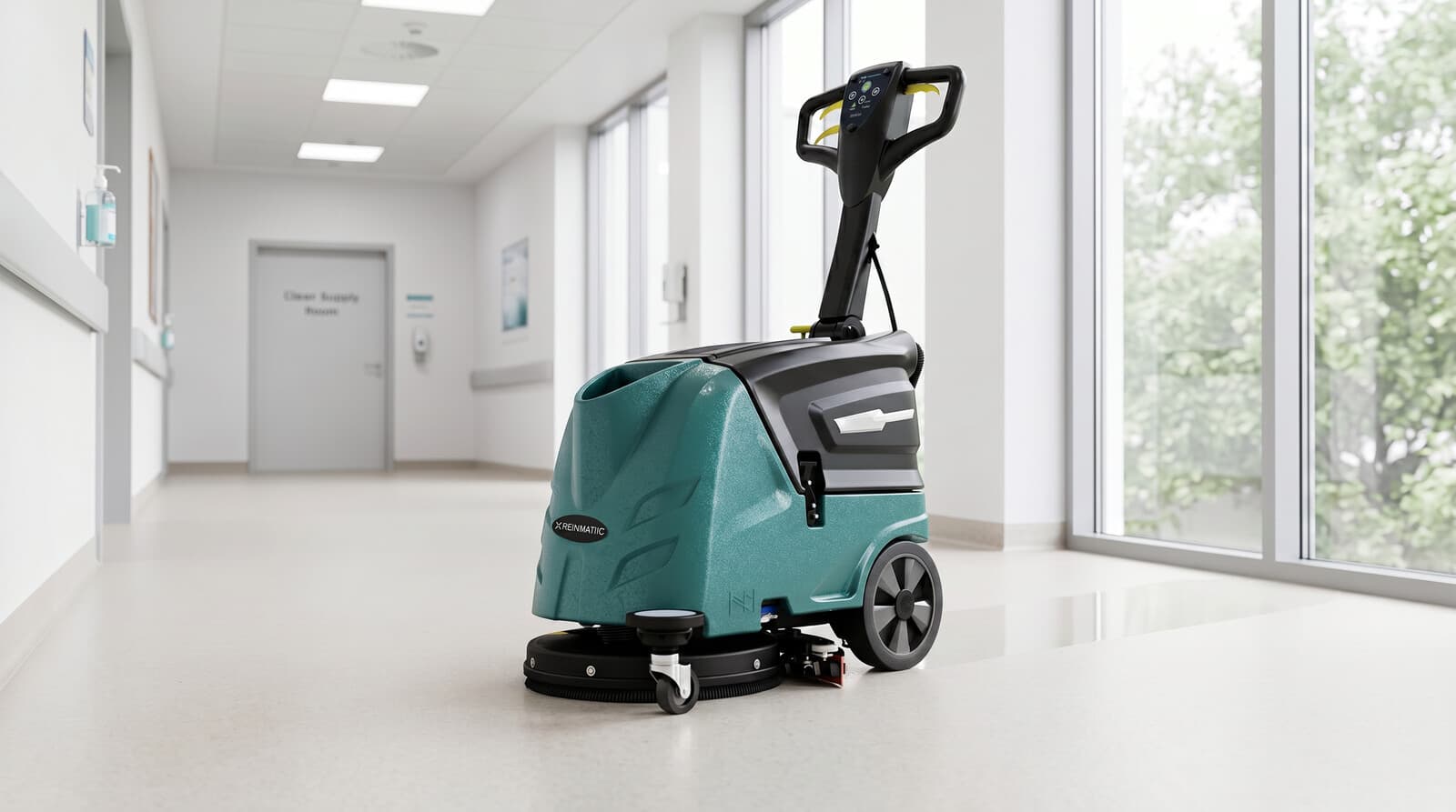 RM 27 cleaning a healthcare corridor between shifts