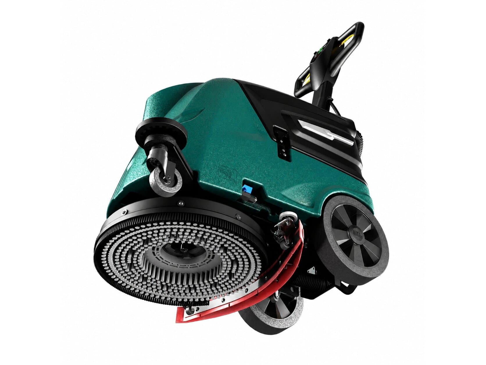 Reinmatic RM 27 seen from below — the brush deck with disc brush, red squeegee, and quick-release mounting for tool-free brush and pad changes