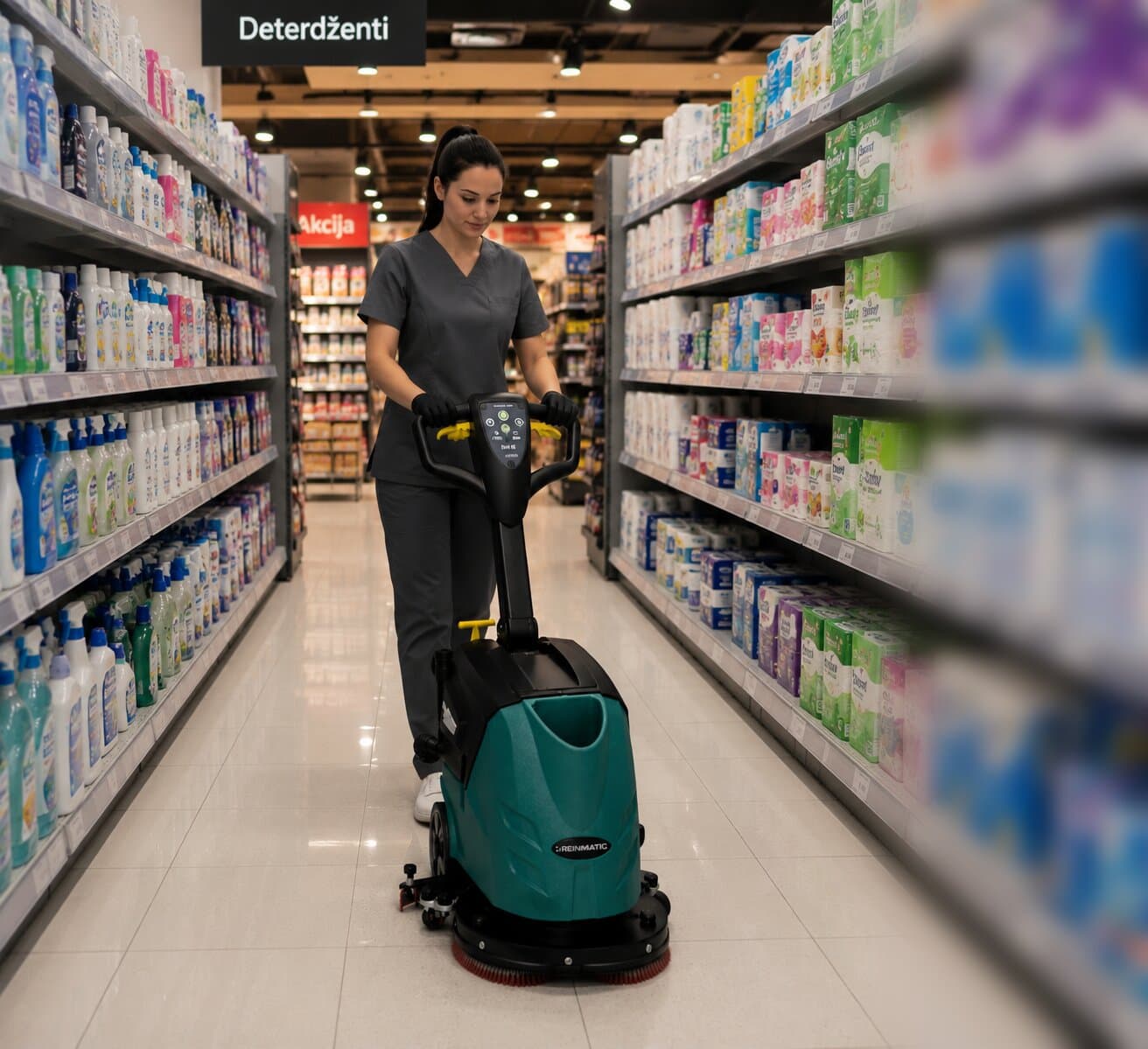 Reinmatic RM 27 walk-behind floor scrubber-dryer with an operator cleaning the detergent aisle of a supermarket