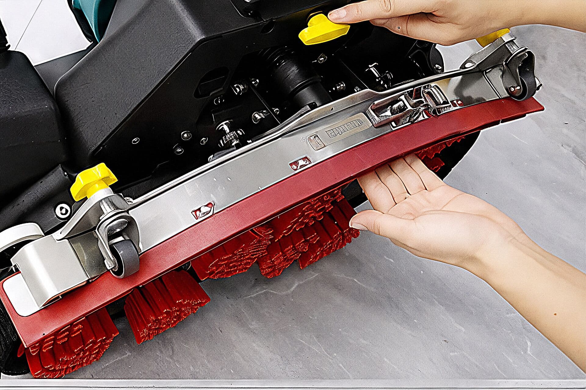 Hands removing the Reinmatic RM 5 squeegee tool-free — the 56 cm suction bar that leaves the floor dry behind the machine