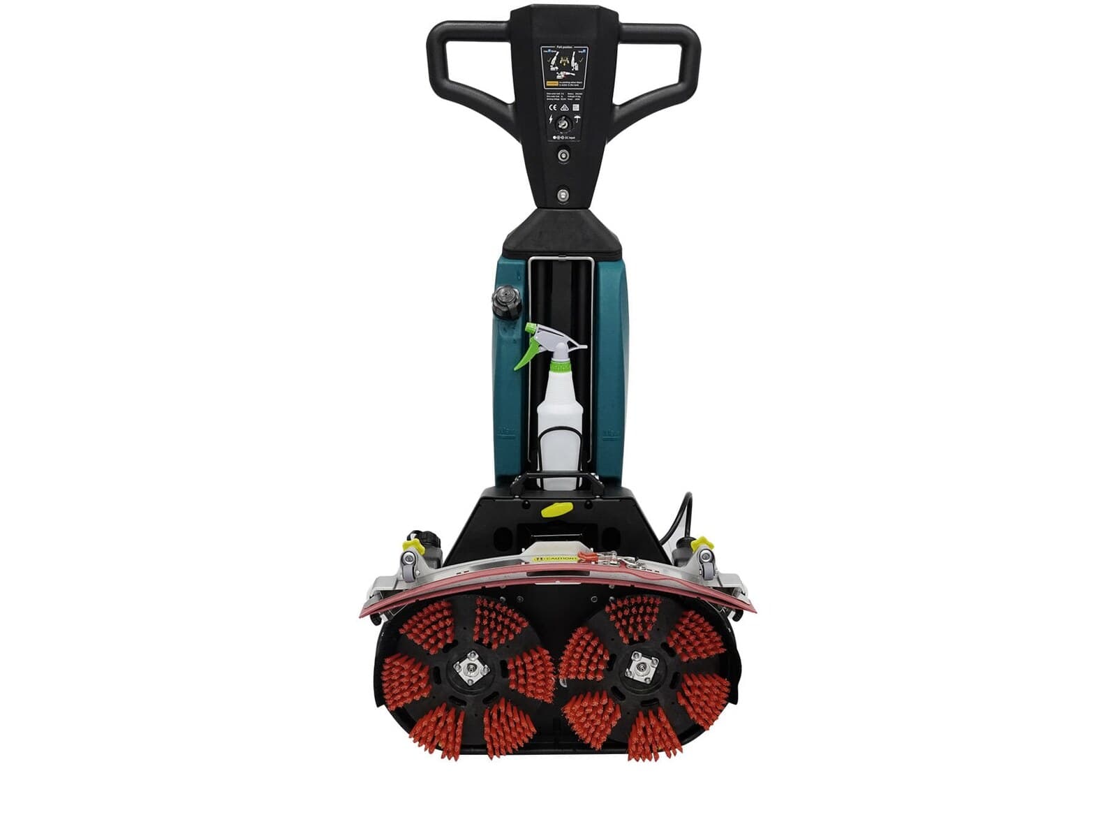Reinmatic RM 5 tilted into its service position — quick access to the twin red roller brushes, the squeegee, and the onboard spray bottle