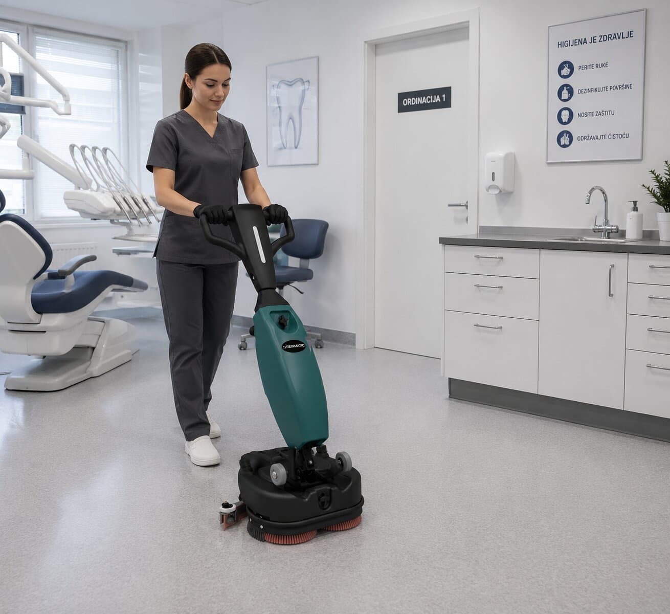 Reinmatic RM 5 compact battery walk-behind scrubber-dryer with an operator cleaning the floor of a dental clinic treatment room
