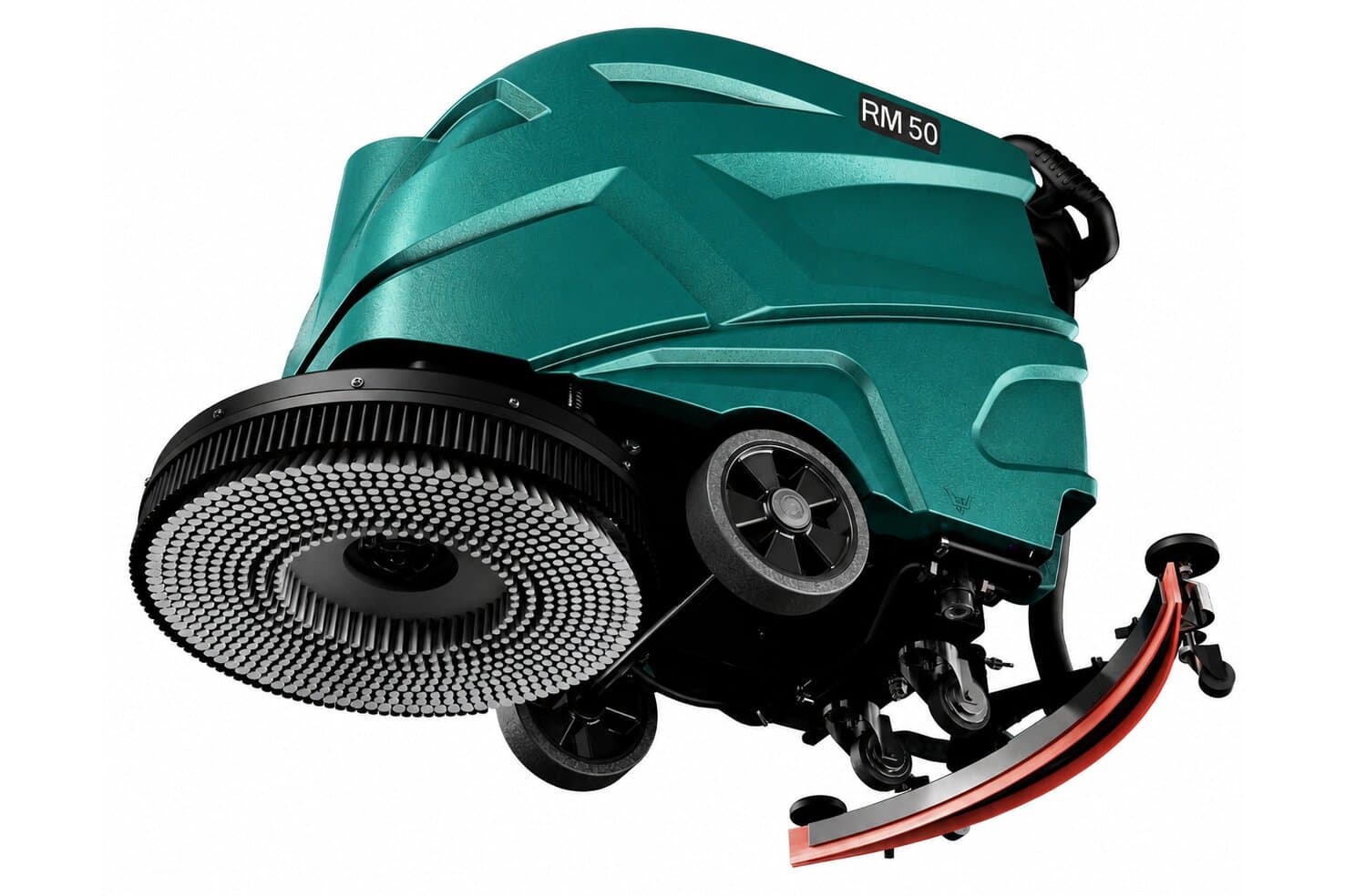 Reinmatic RM 50 — tilted underside studio view of the 51 cm brush deck and squeegee