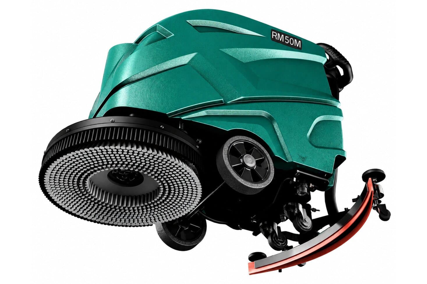 Reinmatic RM 50 M — tilted underside studio view of the disc brush deck and squeegee with the RM 50M badge