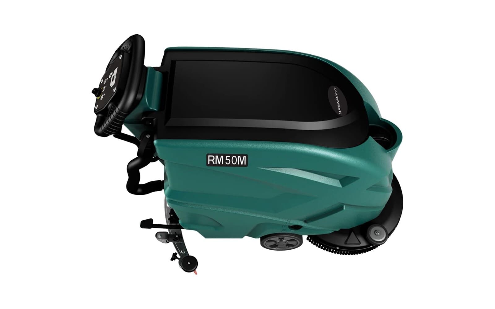 Reinmatic RM 50 M — side studio profile showing the large electric drive wheel and walk-behind handle on a clean white background