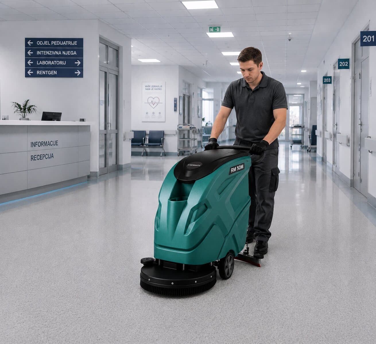 Reinmatic RM 50 M walk-behind floor scrubber-dryer with electric drive pushed by an operator along a hospital corridor near the pediatric ward