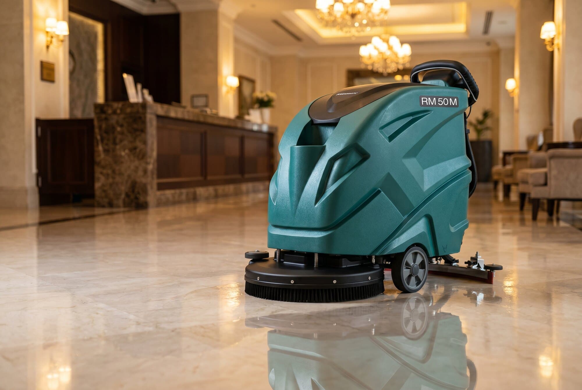 RM 50 M cleaning a hotel floor during opening hours