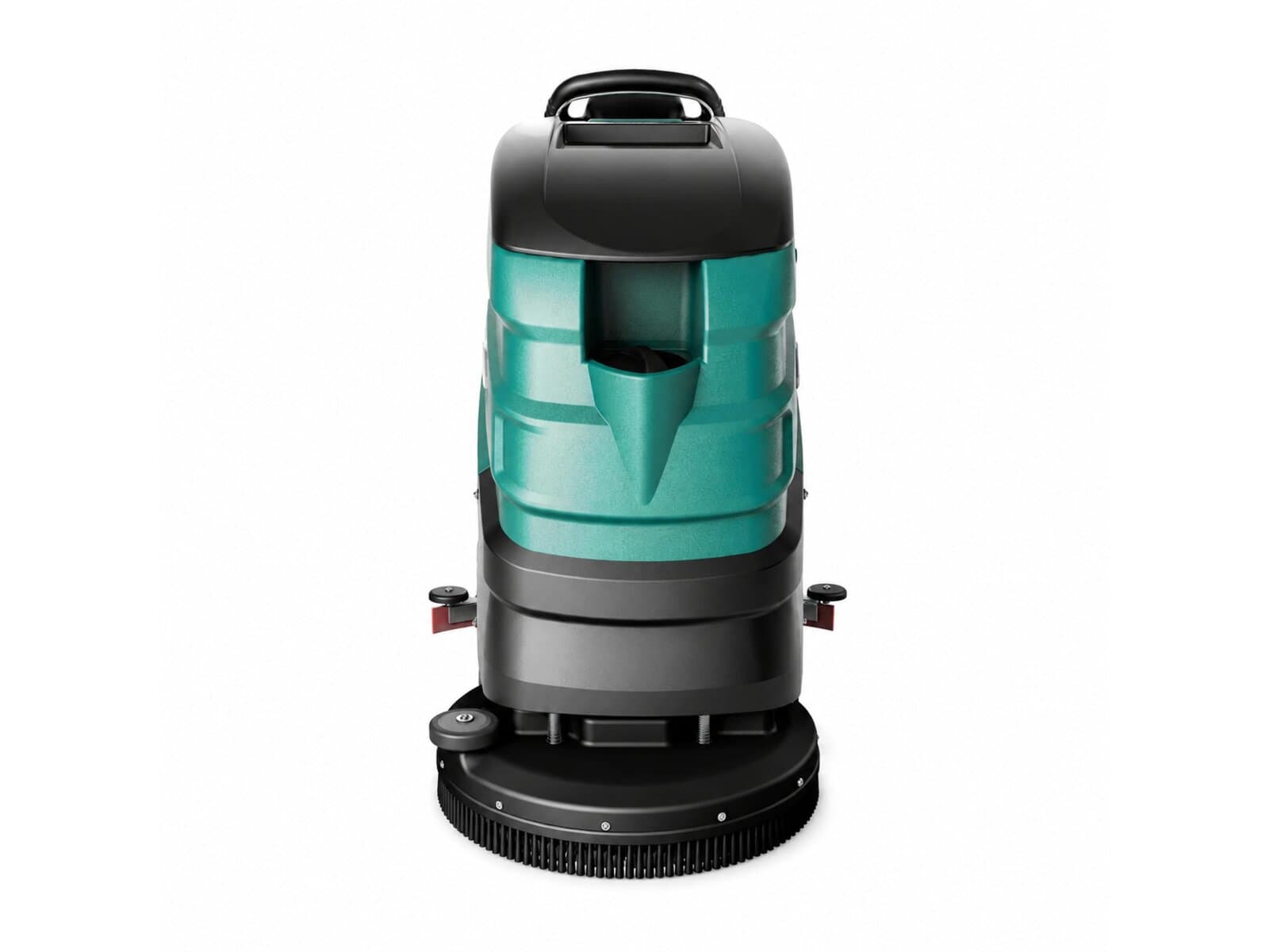 Reinmatic RM 60 M deep-green walk-behind floor scrubber-dryer — front studio view of the two-tank housing above the brush deck on a white background