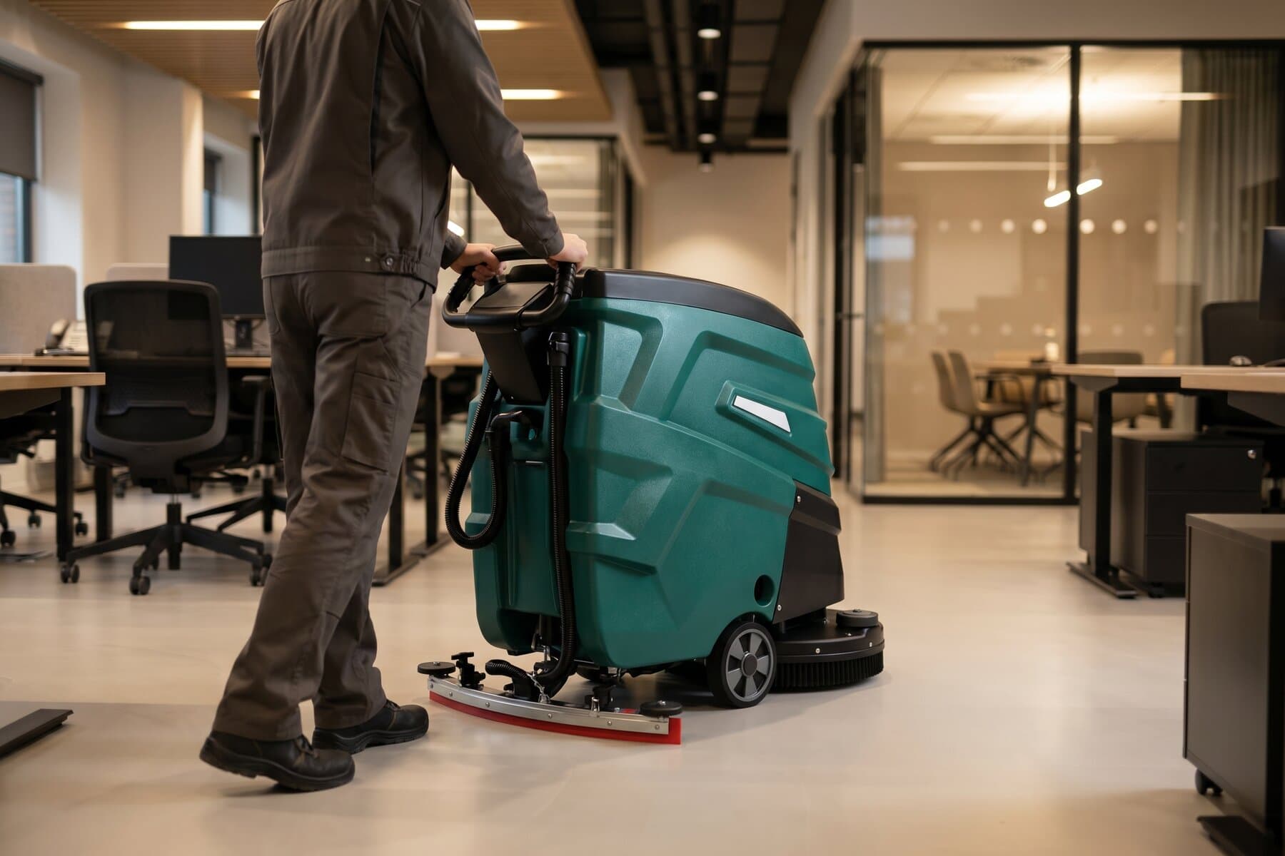 A maintenance worker guides a Reinmatic RM 60 M through a modern open-plan office — the electric drive carries the weight of the housing
