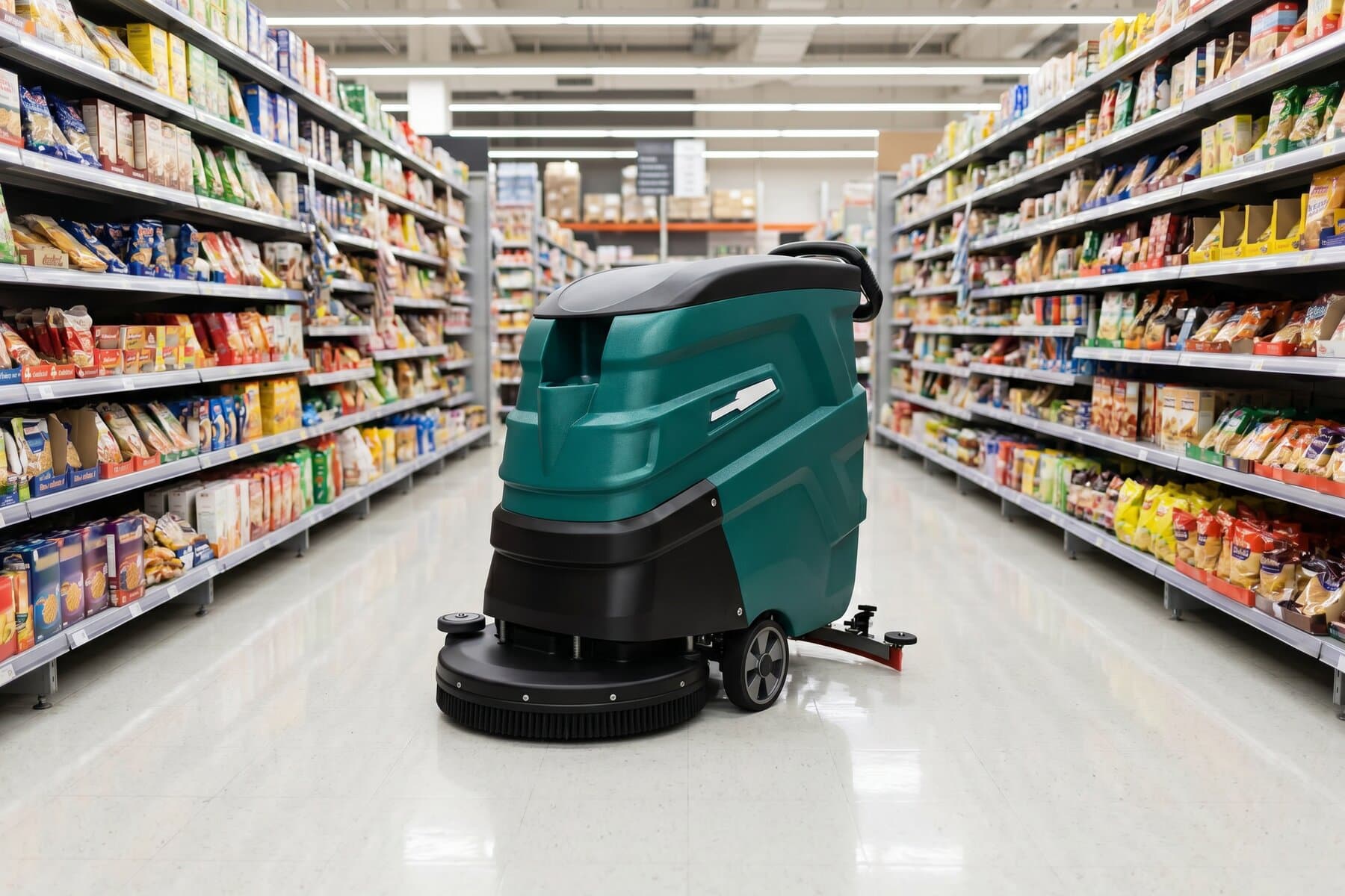 RM 60 M cleaning a retail floor between footfall