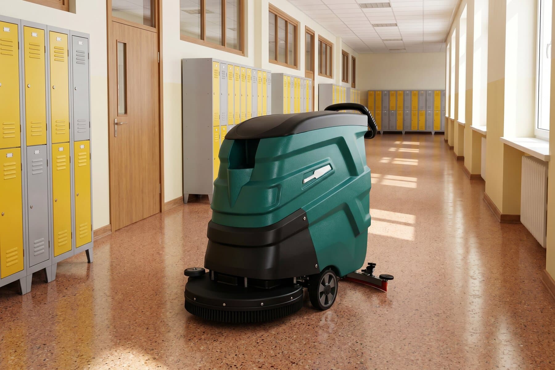 RM 60 M scrubber-dryer cleaning a school corridor between classes
