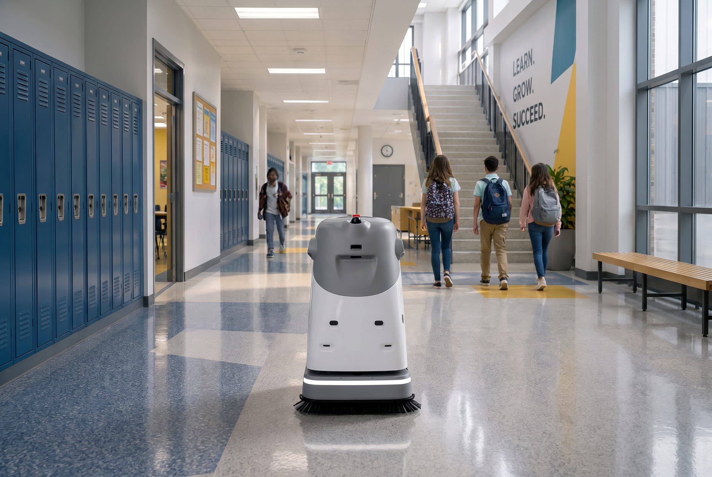 VIGGO SC50 Pro Plus autonomer Reinigungsroboter im Einsatz in einem Schulflur, frontal zur Kamera zwischen blauen Spinden und dem Treppenaufgang, während Schüler zum Ausgang gehen