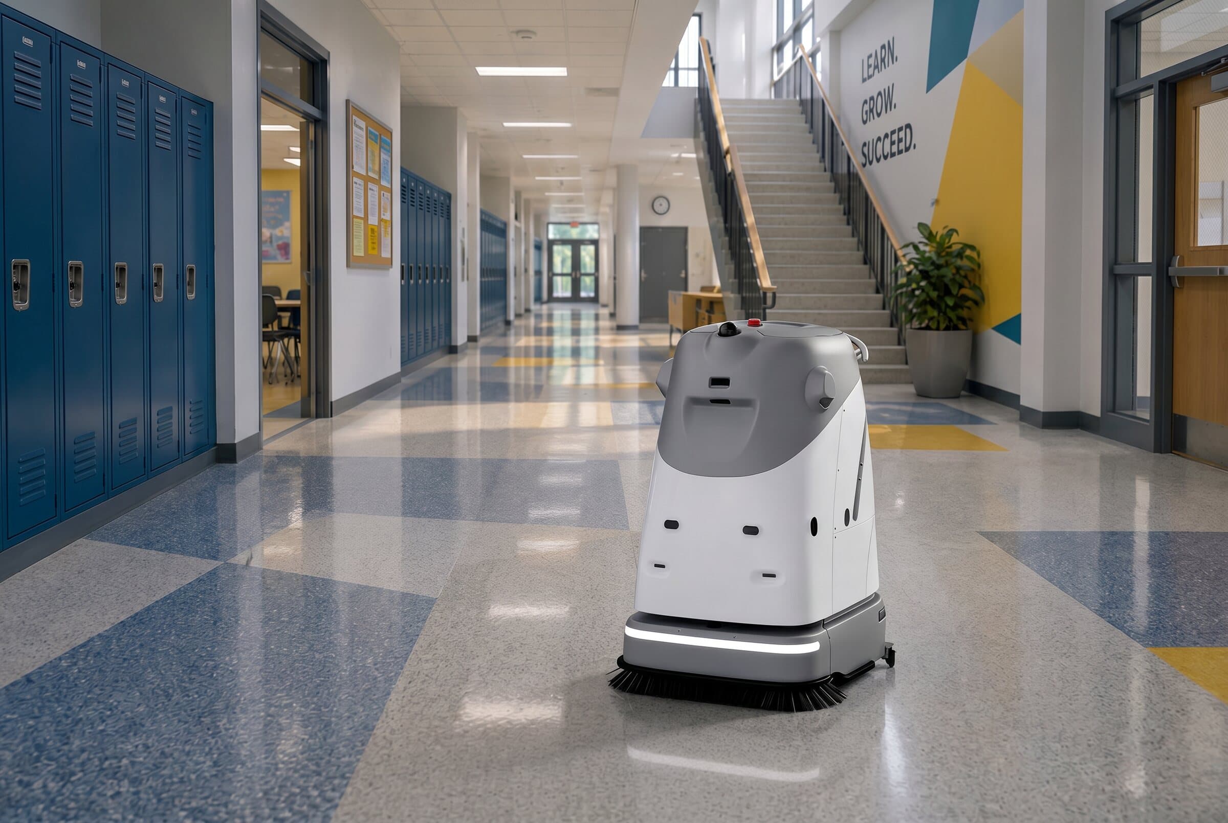 VIGGO SC50 Pro Plus autonomously cleaning a school hallway between lockers and the staircase — no operator in sight