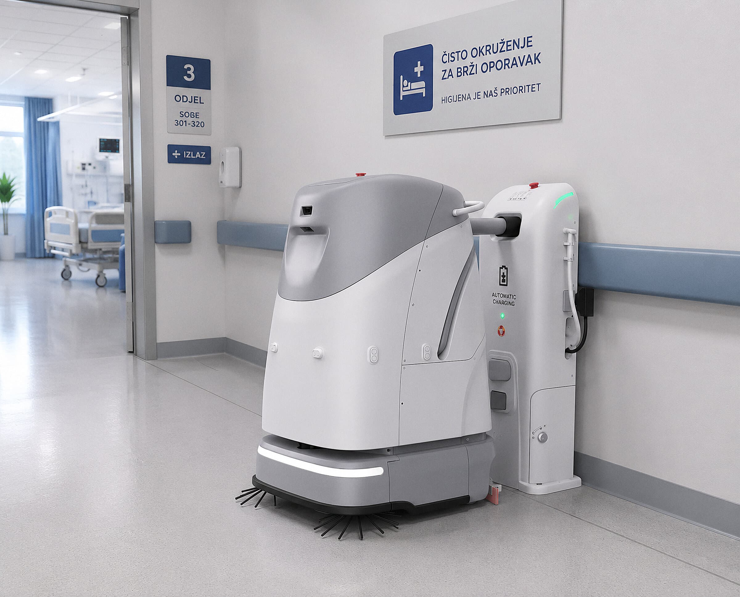 VIGGO SC50 Pro Plus autonomous robot docked at its wall-mounted automatic charging station in a hospital ward corridor