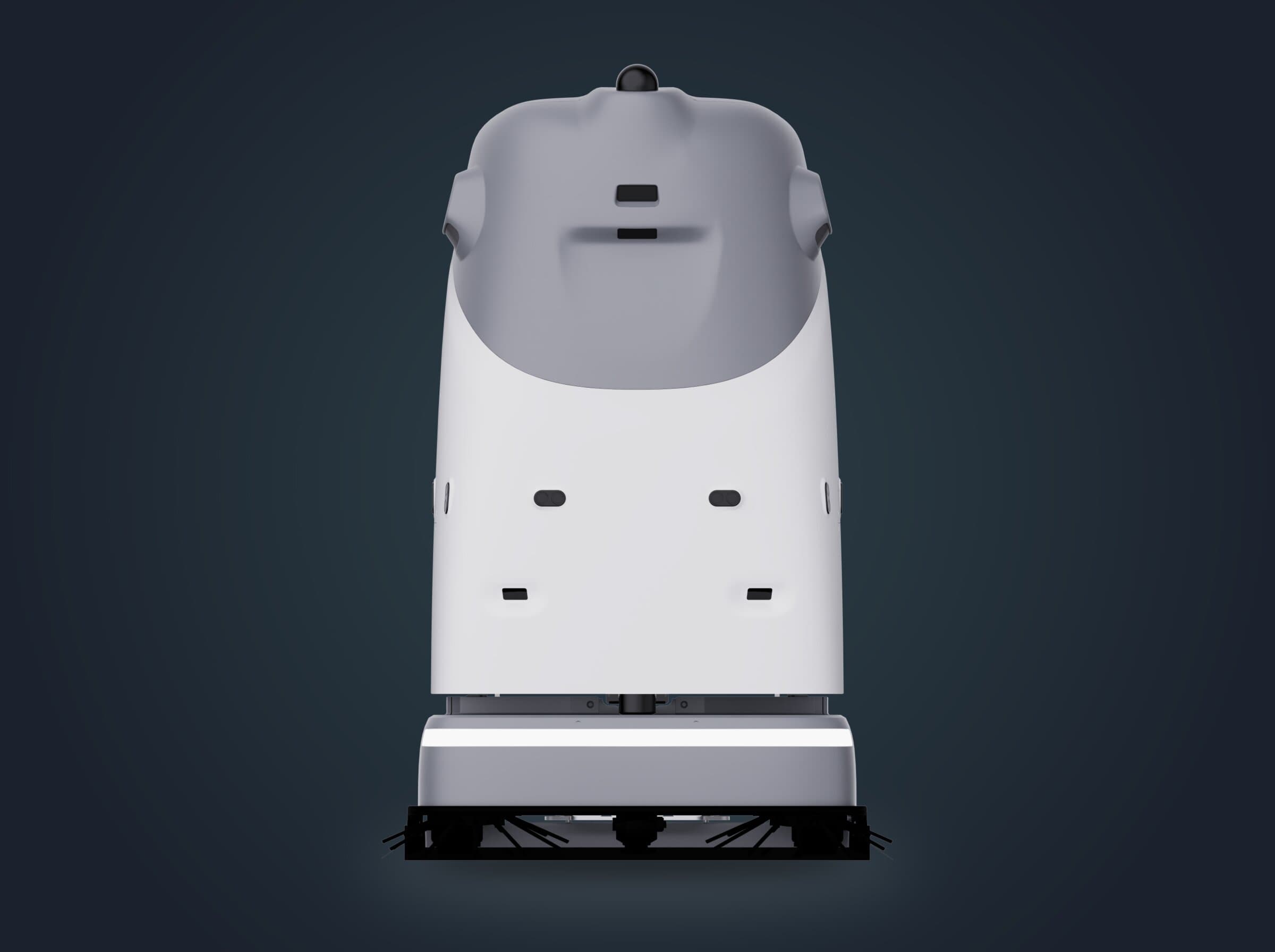 VIGGO SC50 Pro Plus autonomer Roboter — Frontalansicht im Studio mit Sensoröffnungen, Seitenbürsten und LED-Lichtleiste