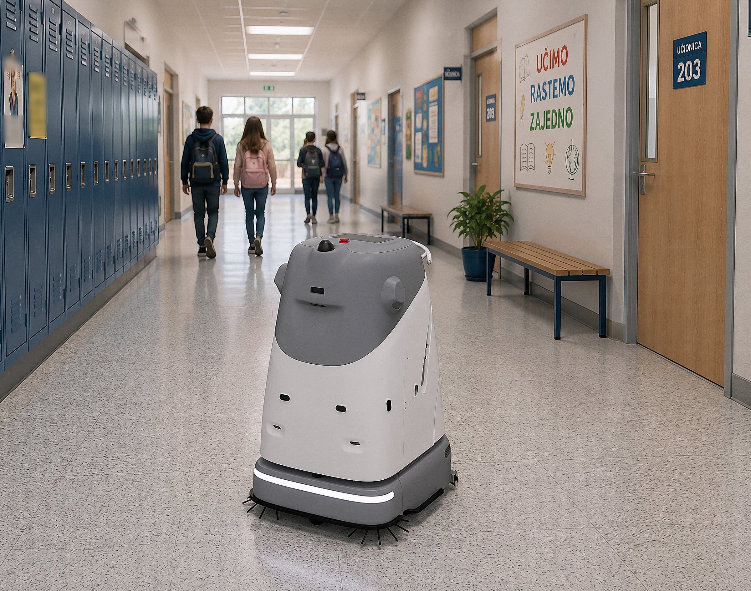 VIGGO SC50 Pro Plus autonomous scrubber cleaning a school corridor between classes