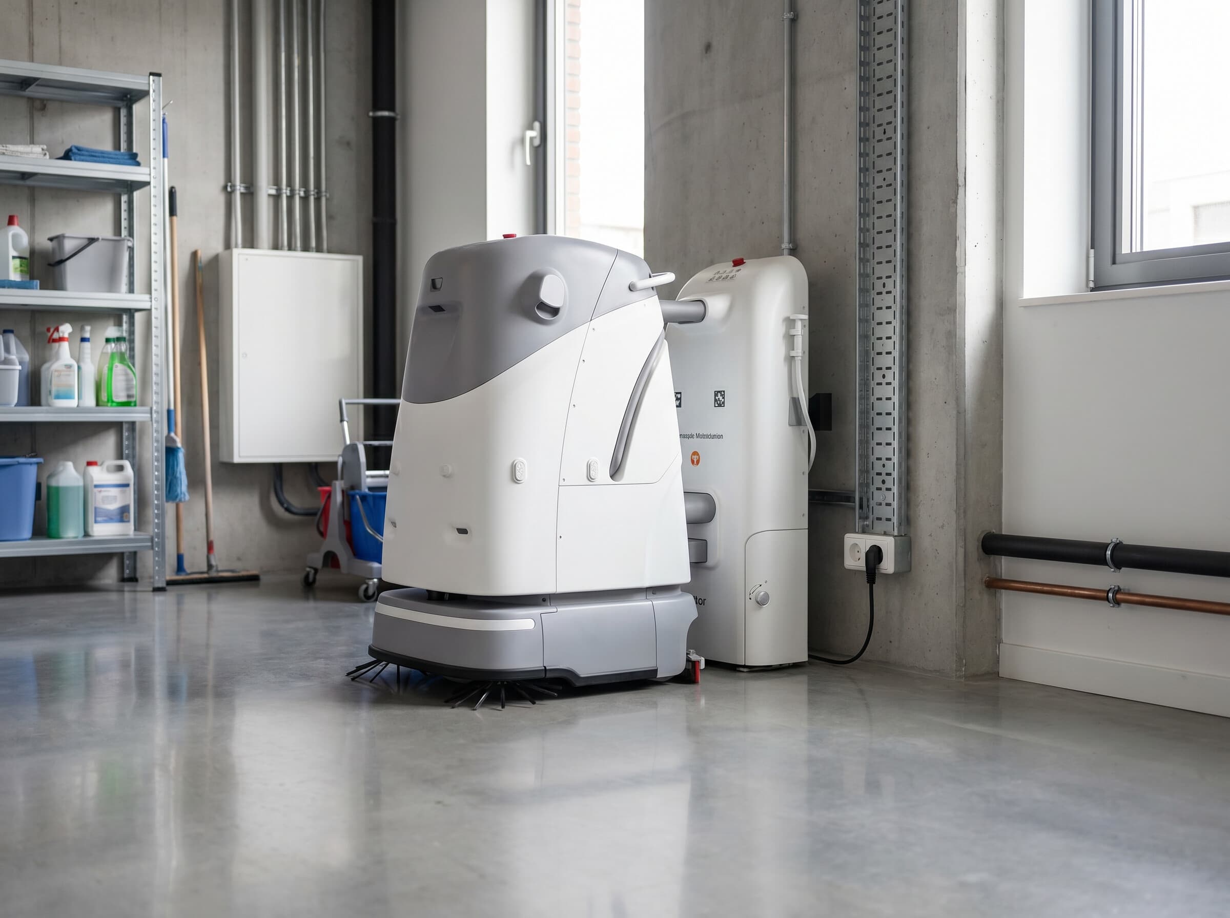 VIGGO SC50 Pro Plus Roboter an seiner WSC50-Station für automatisches Laden, Wassernachfüllung und Ableitung