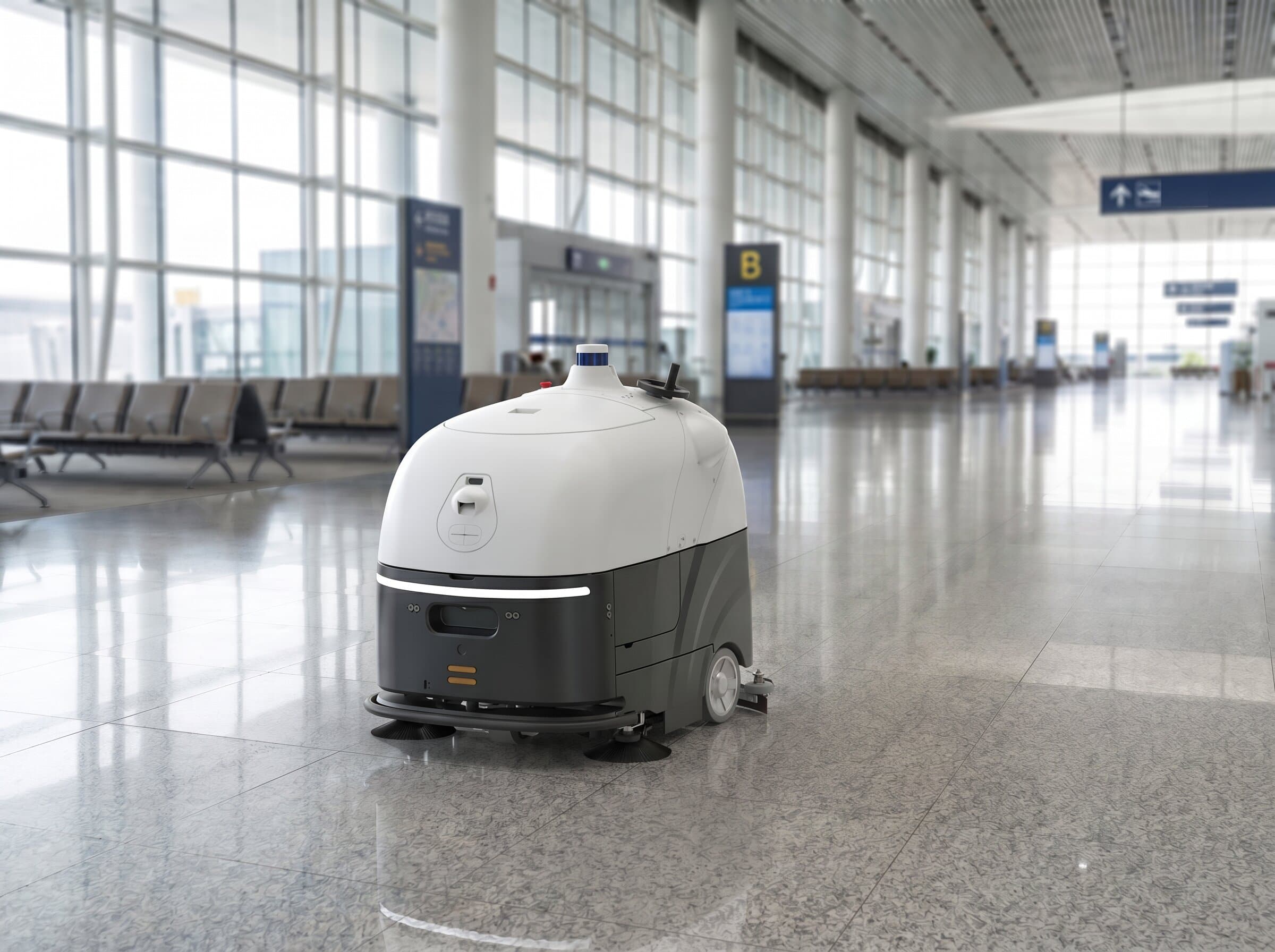 VIGGO SC80 Pro autonomous floor-scrubbing robot working in an airport terminal, 3D LiDAR dome on top