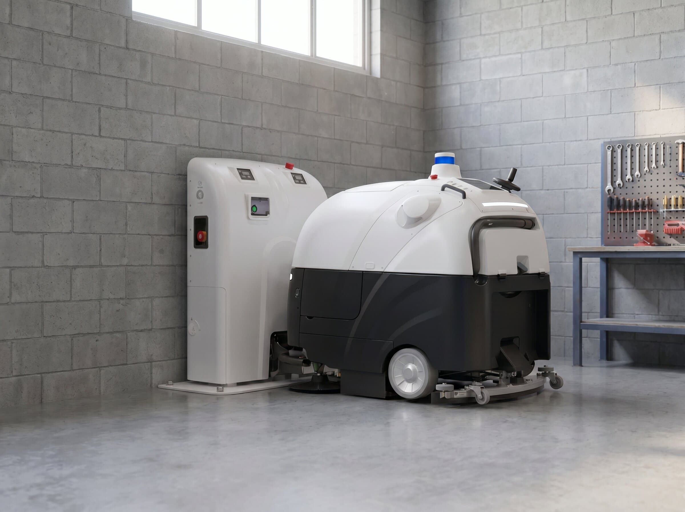 VIGGO SC80 Pro robot docked at its wall-mounted WSC80 station for automatic charging, water refill, and drainage