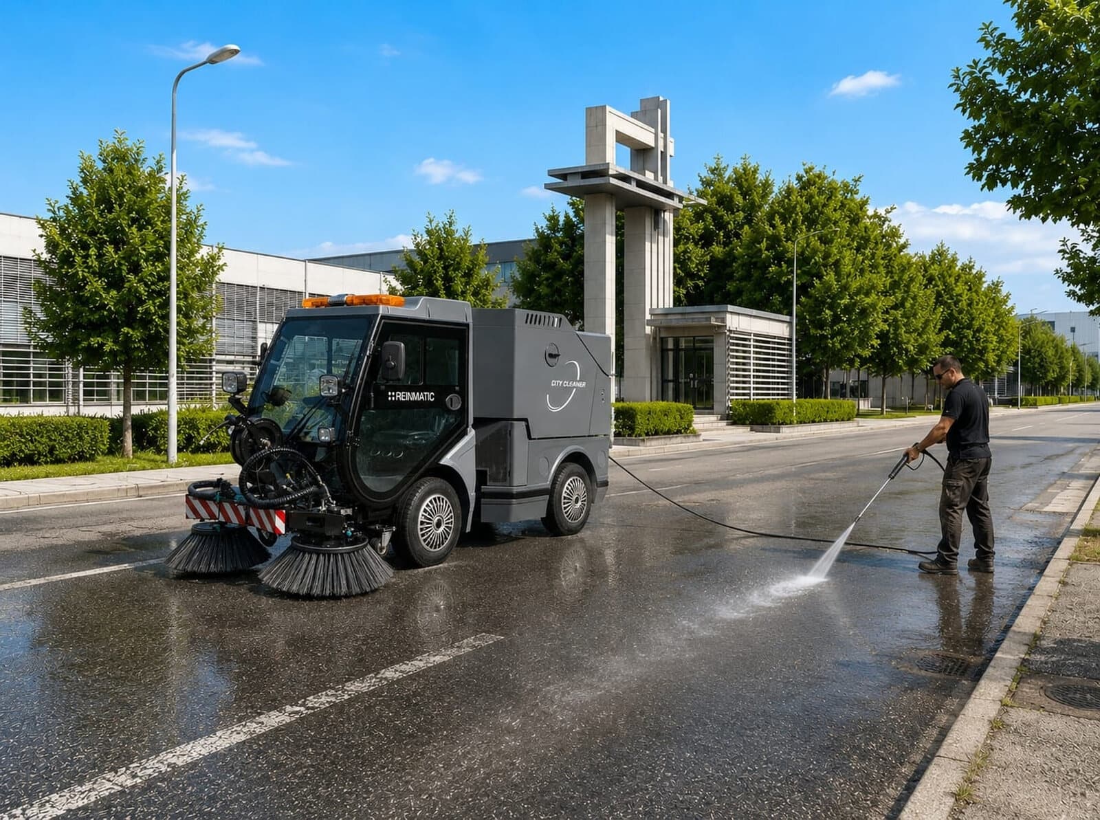 Operator washing a street edge with the high-pressure water gun, hose connected to the REINMATIC SRM 1500