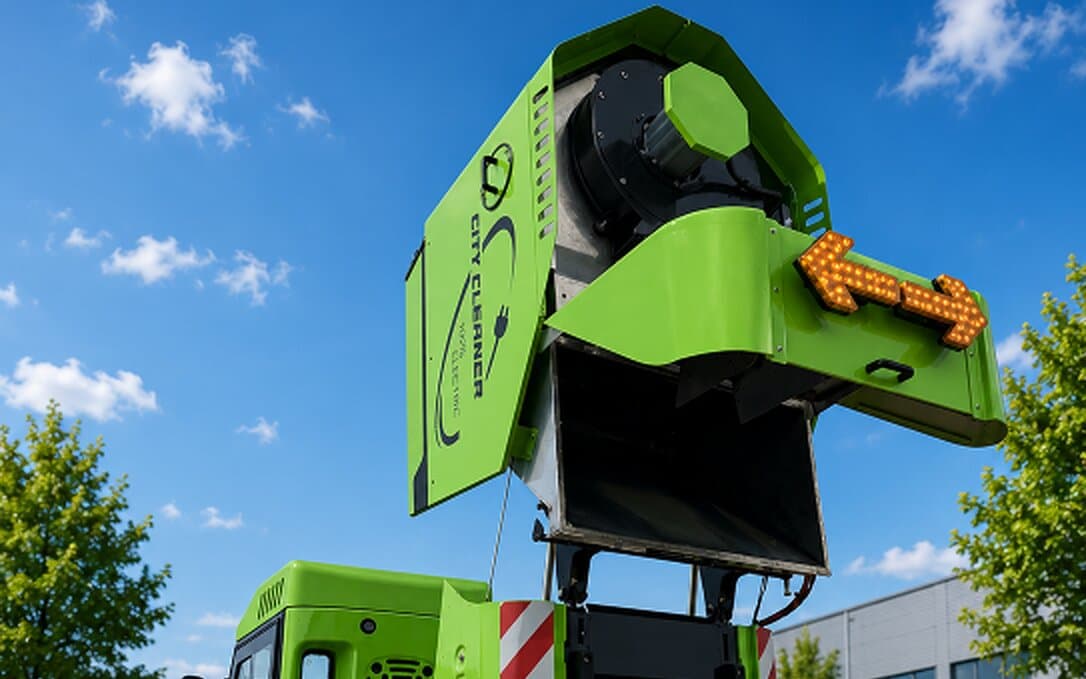 High-tip waste hopper of the REINMATIC SRM 1850 raised for discharge, with the LED arrow board and open hopper door