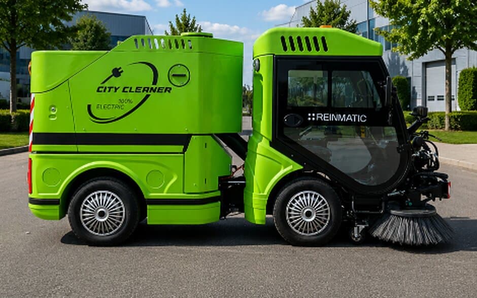 Side profile of the lime-green REINMATIC SRM 1850 City Cleaner electric street sweeper with the 100% electric livery on the waste hopper