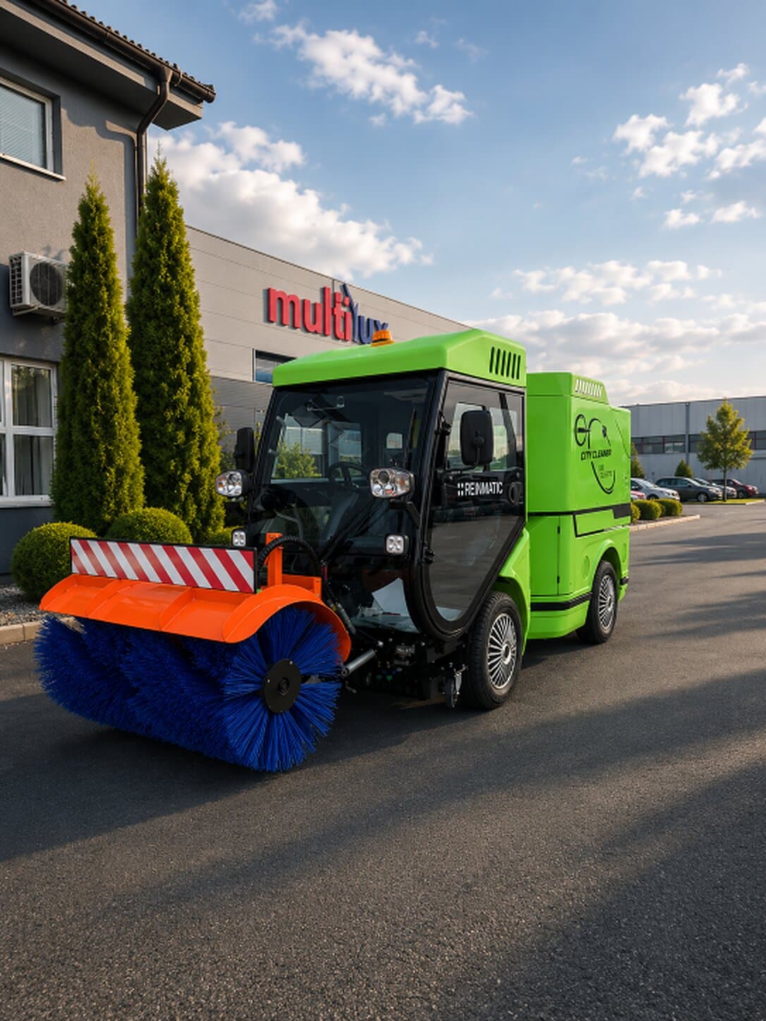 Lime-green REINMATIC SRM 1850 City Cleaner with the optional winter snow-brush attachment in front of an office building