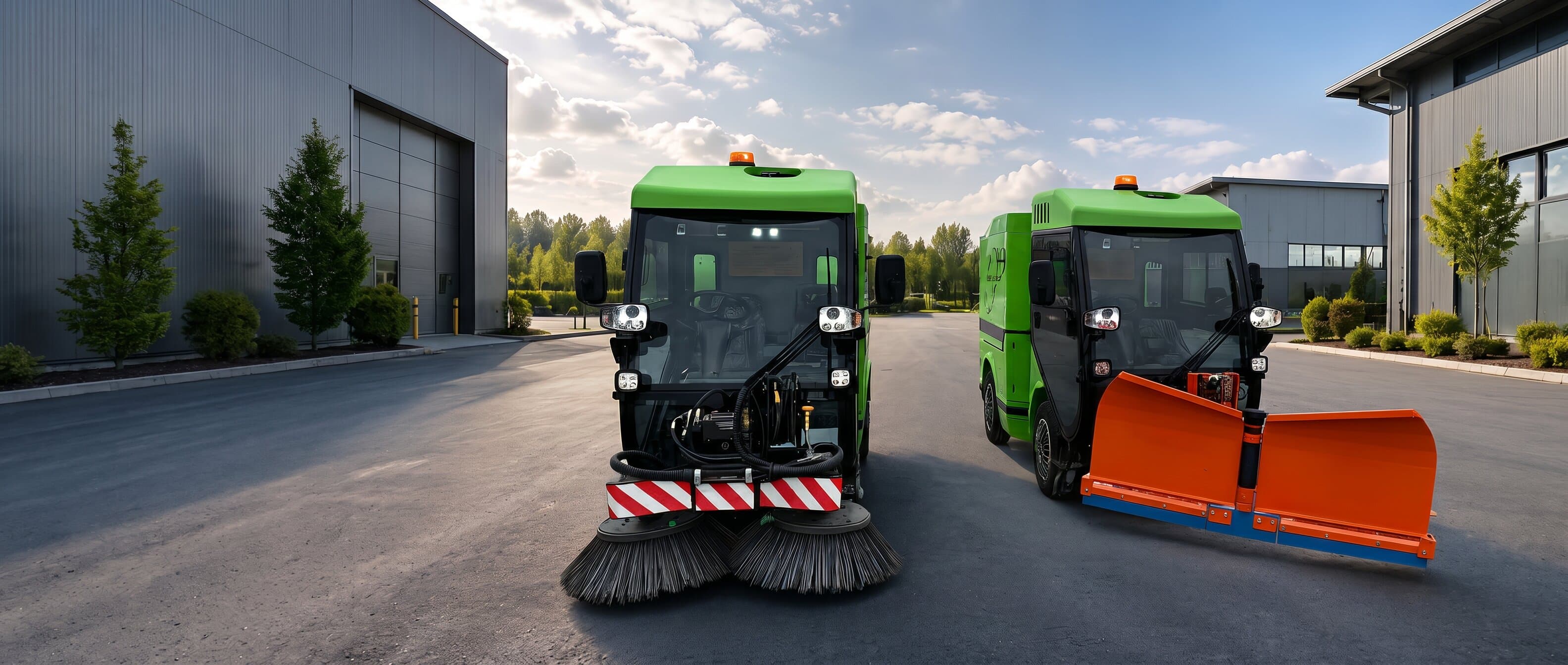 SRM 1850 electric street sweepers in front of an industrial hall