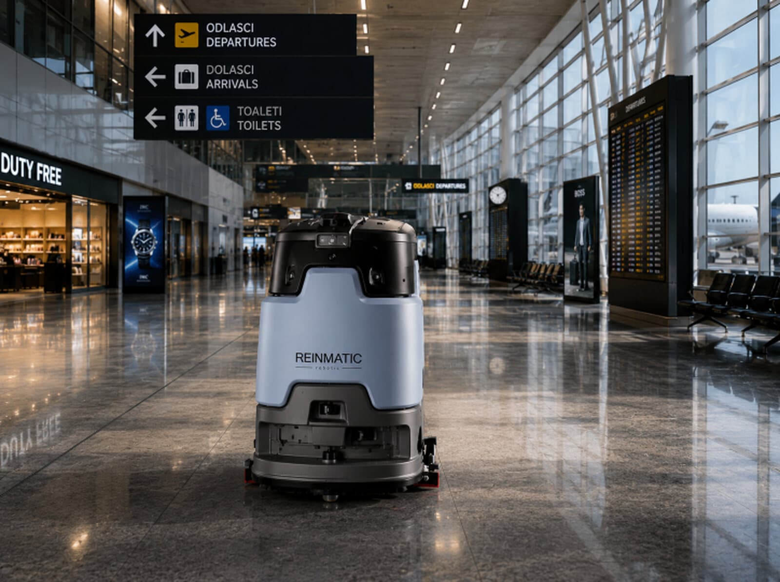 T3 Plus autonomous robot cleaning the polished floor of an airport terminal beside a row of departure-lounge seats