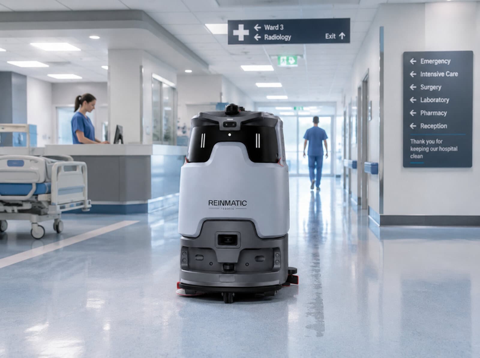 T3 Plus autonomous robot working in a hospital corridor, moving safely past staff and a medical trolley