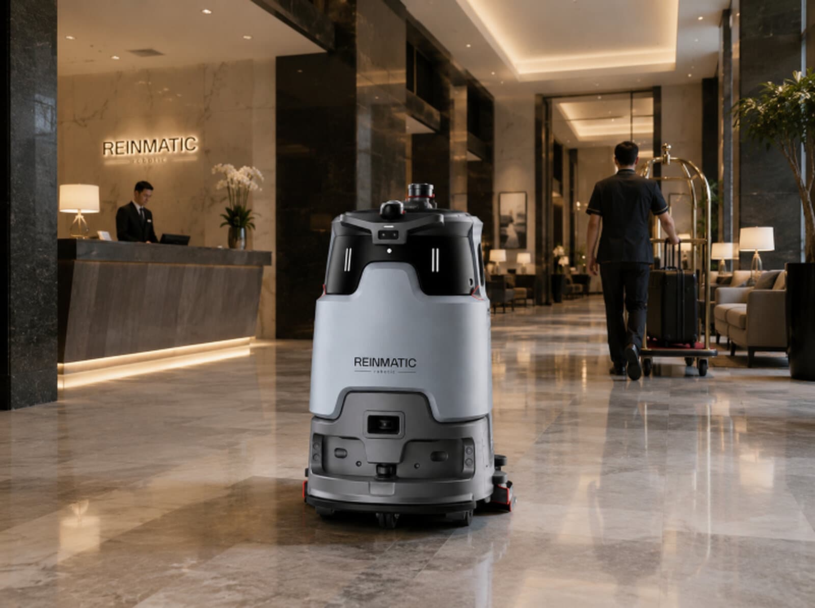 T3 Plus autonomous robot cleaning the polished floor of a hotel lobby beside the reception desk and elevators